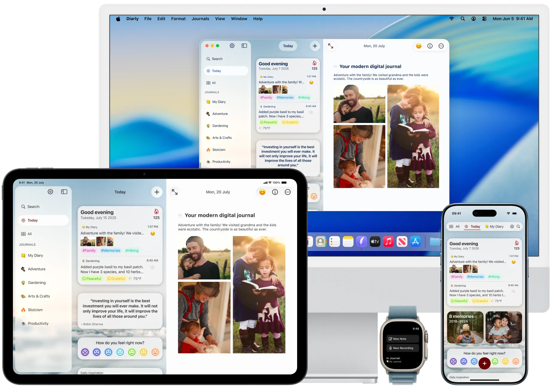 Diarly on Mac, iPad, iPhone, and Apple Watch.