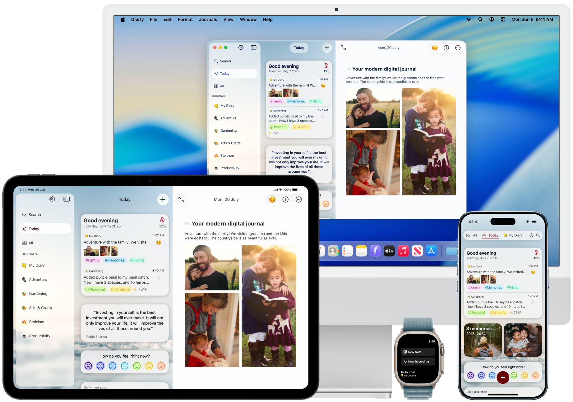 Diarly diary app on Mac, iPad, iPhone and Apple Watch