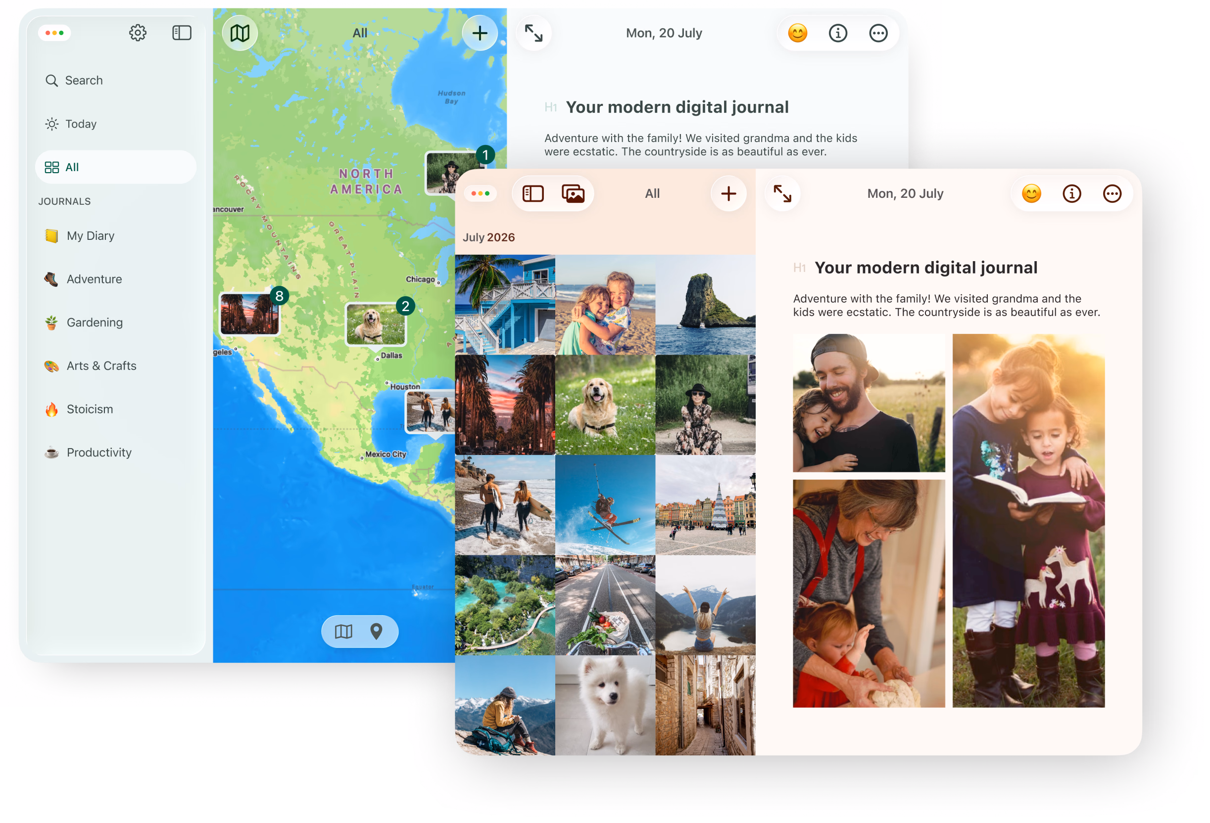 Gallery and map views in Diarly showing journal photos and the places entries were written