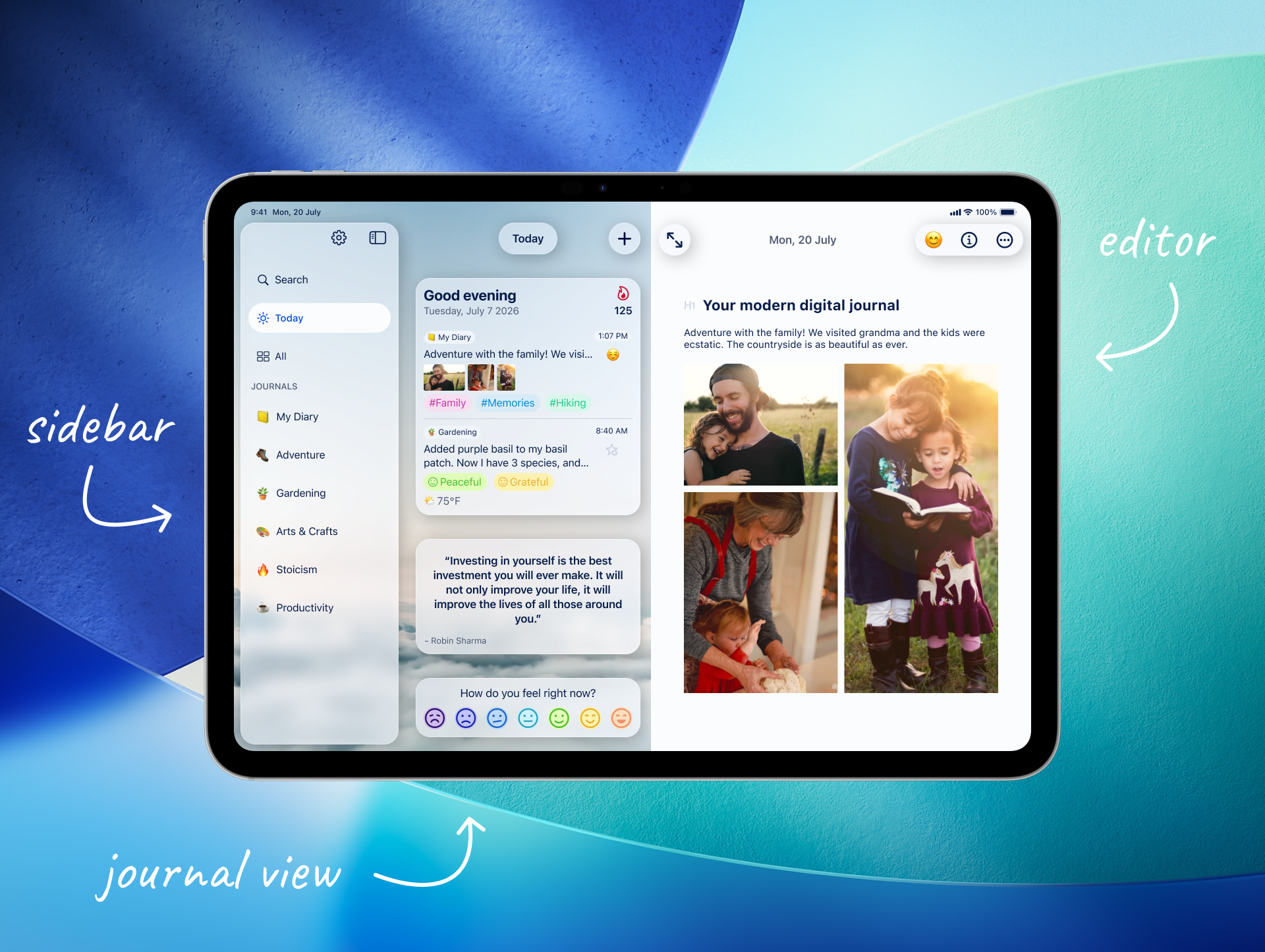Diarly on iPad with the sidebar, the journal view and an entry with photos side by side
