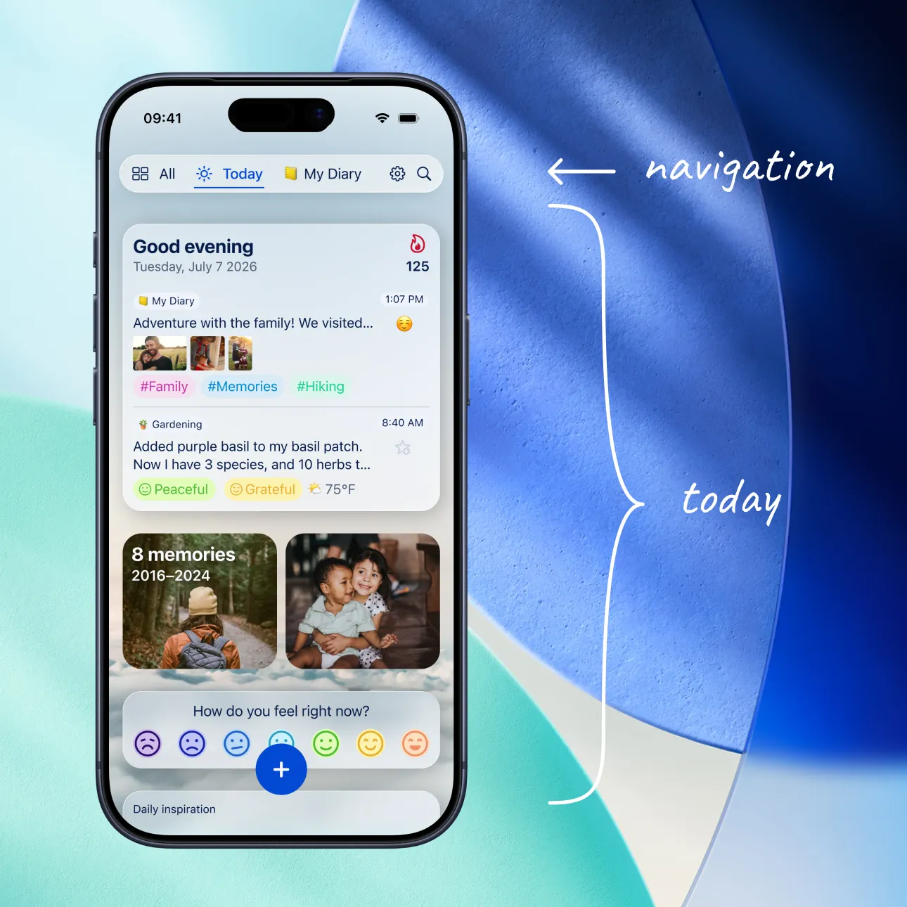 Diarly interface on iPhone