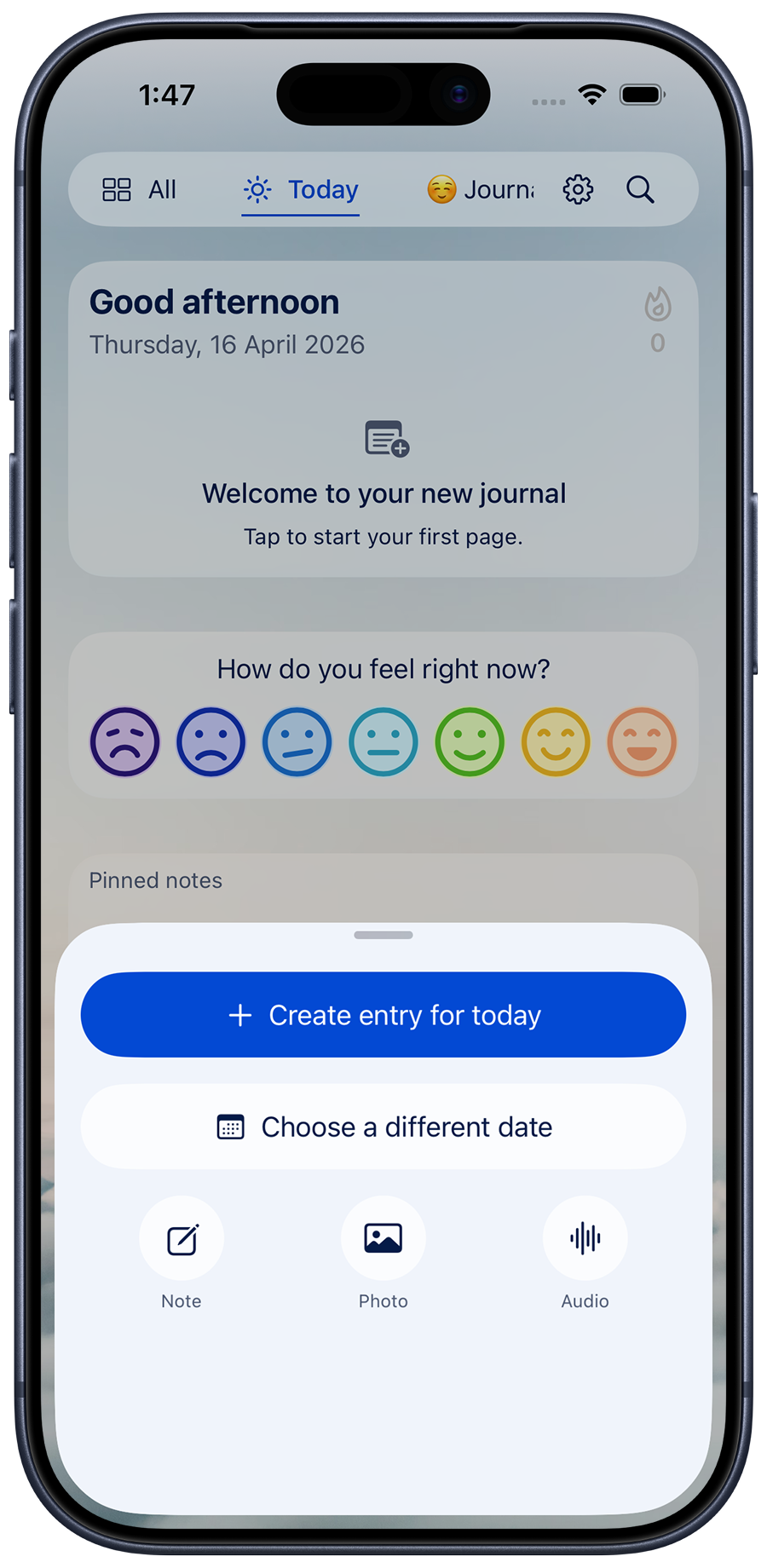 The Diarly create sheet on iPhone with buttons for today's entry, a note, a photo and audio