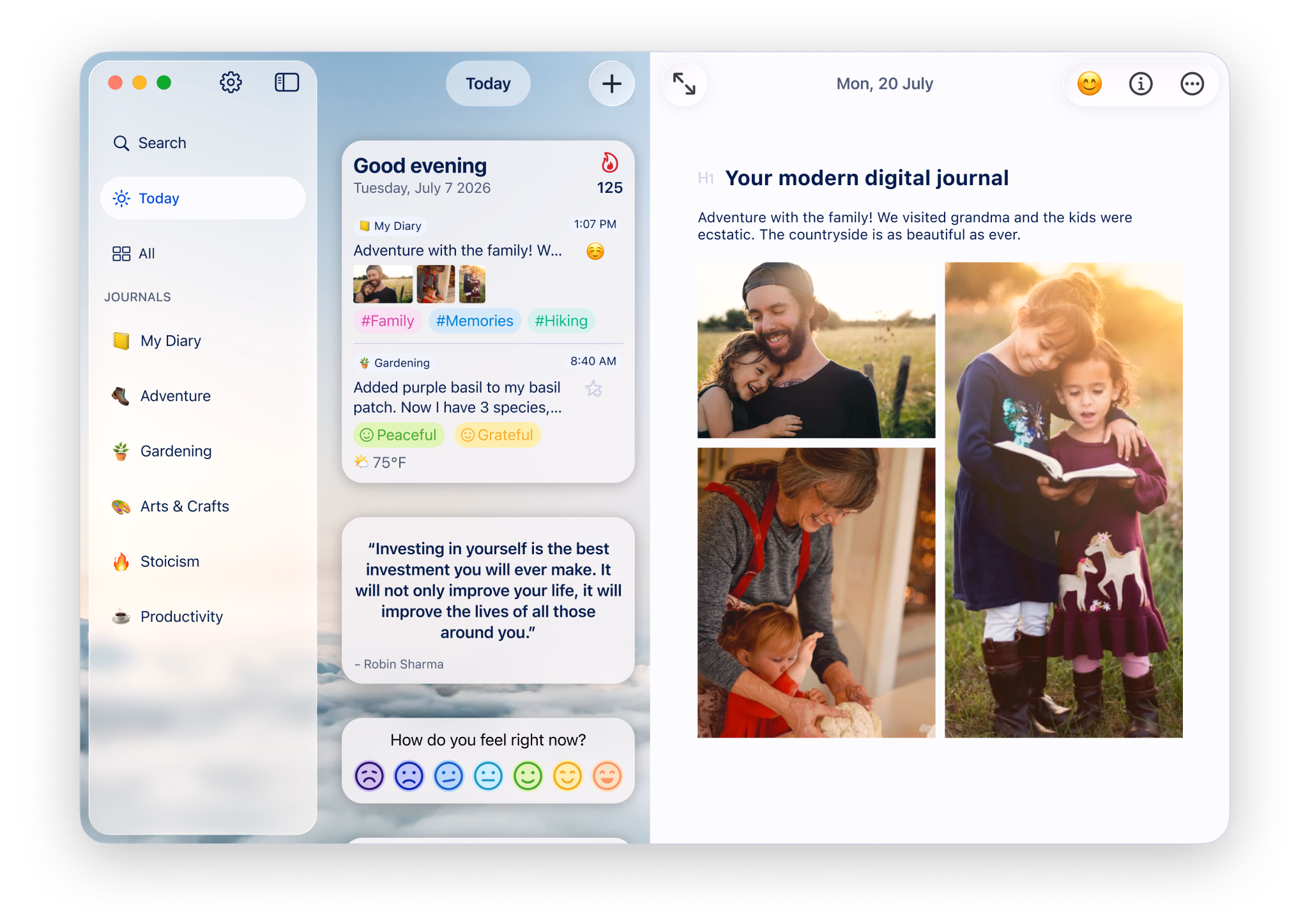 Diarly journal app for Mac showing the Today view, a daily entry with photos and a mood check-in