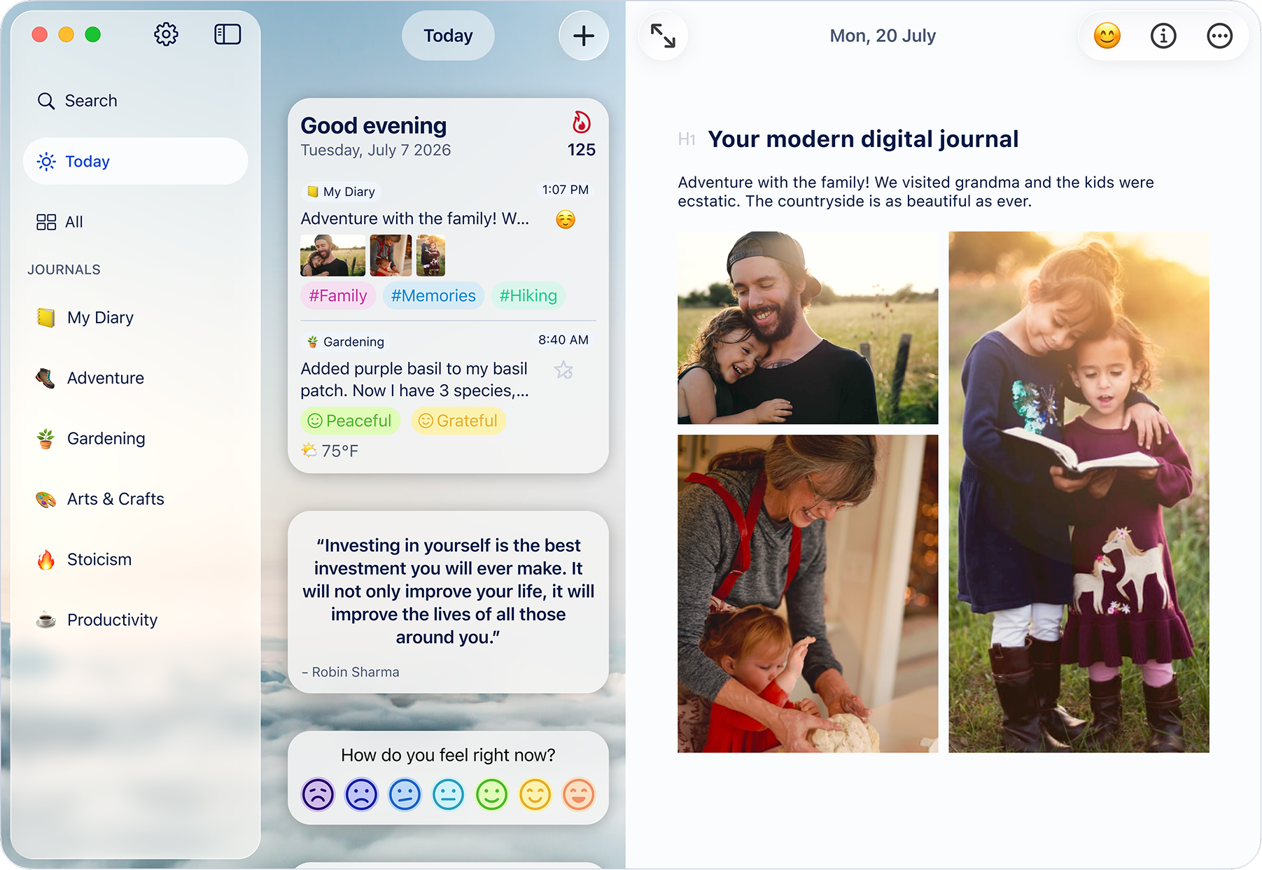 A Diarly diary entry on Mac with photos, a checklist and a mood check-in