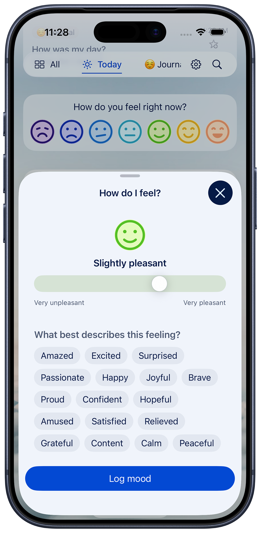 The Diarly mood picker on iPhone with a slider and words to describe the feeling