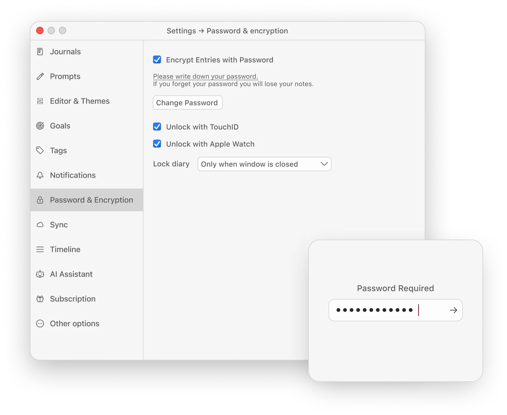 Diarly's in-app security