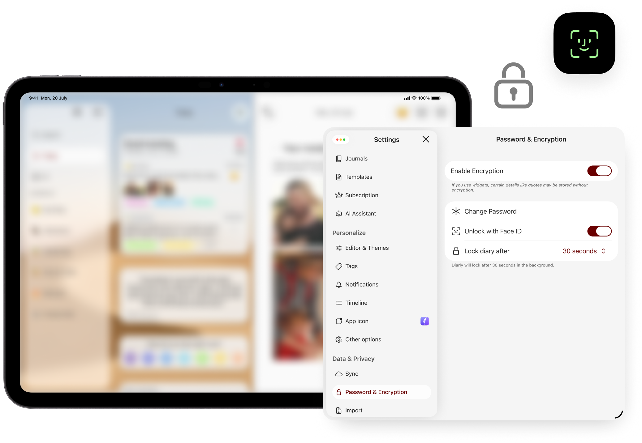 Password lock and encryption settings in Diarly