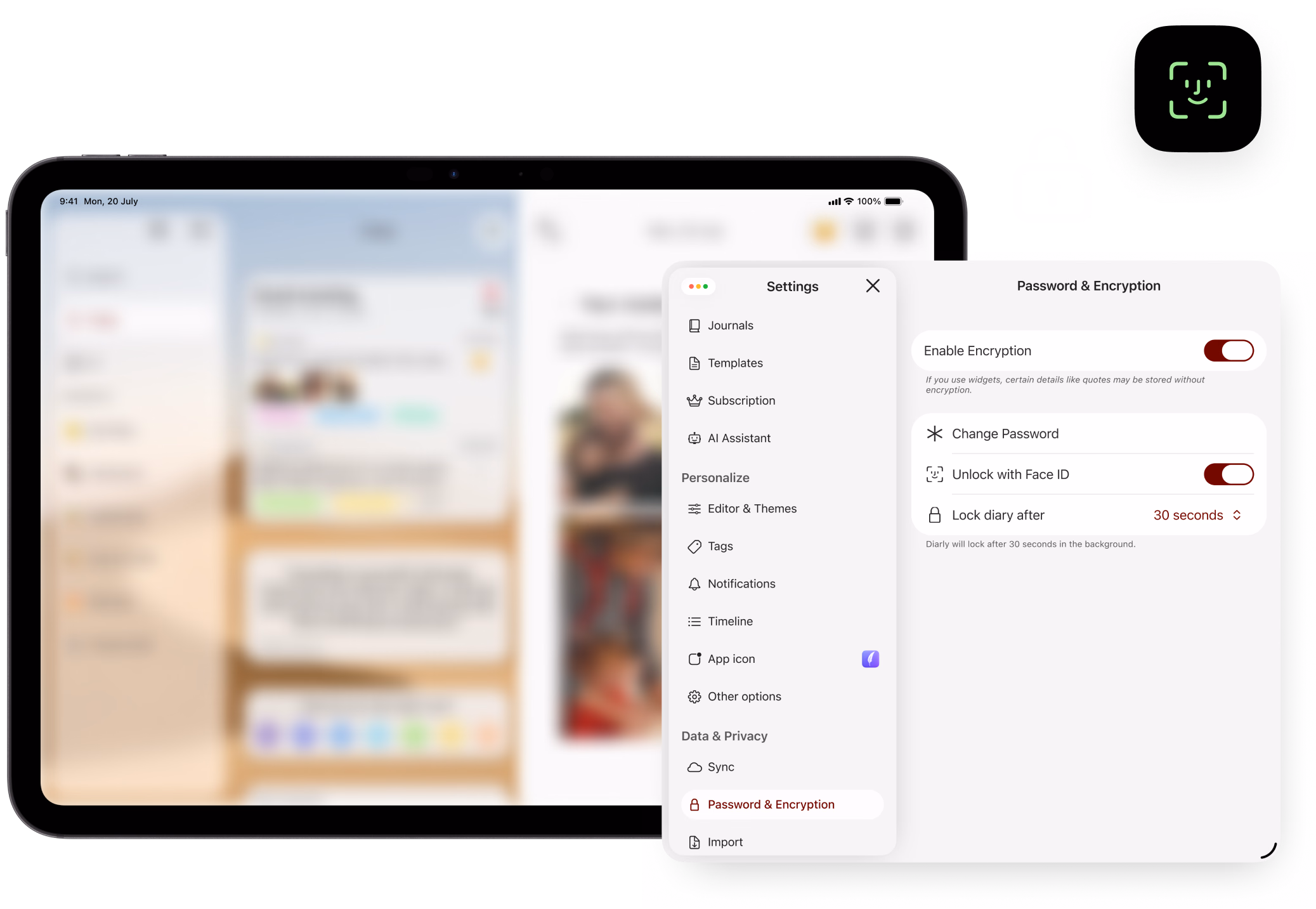 Password lock and encryption settings in Diarly