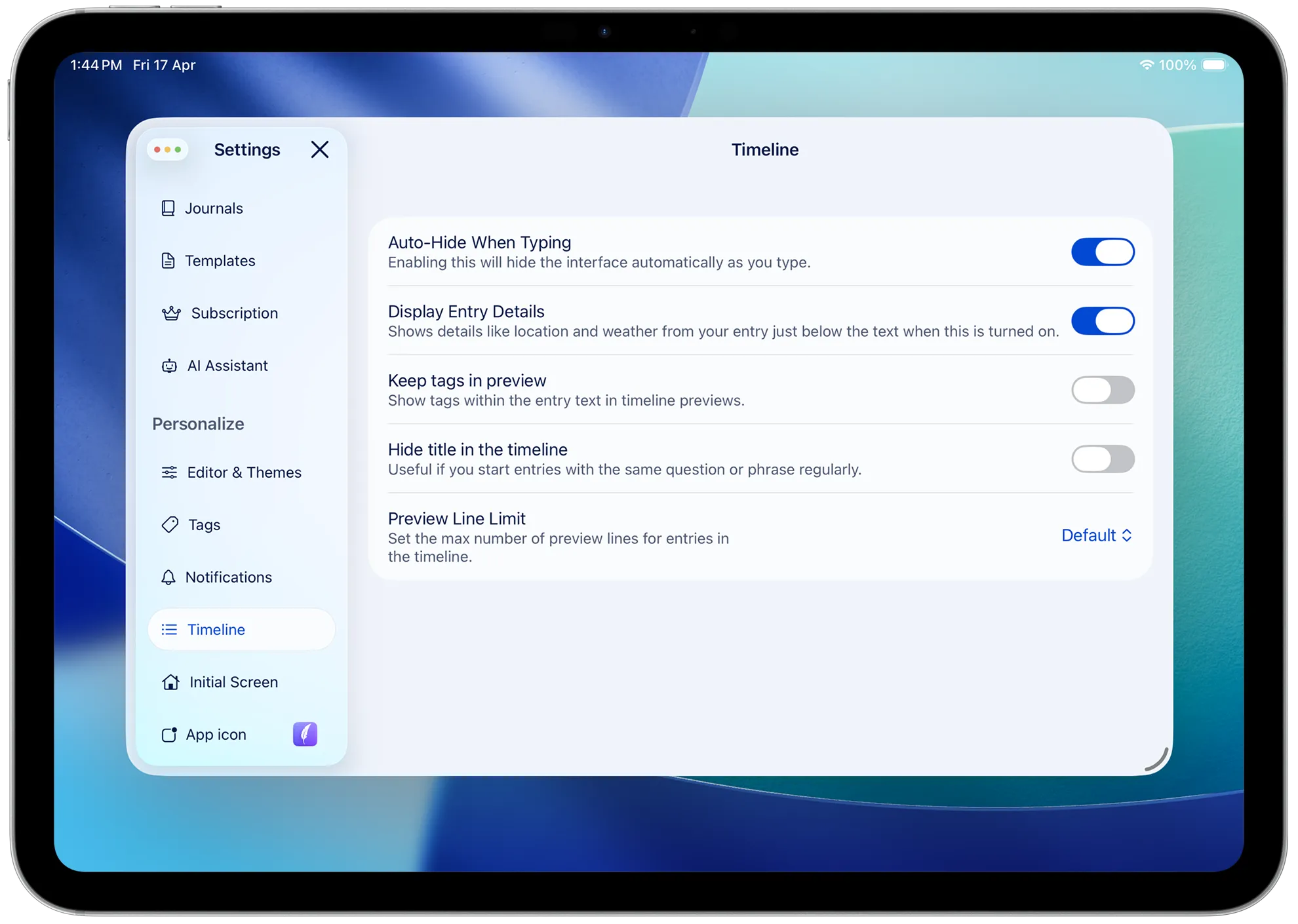 Diary Mac Timeline Settings
