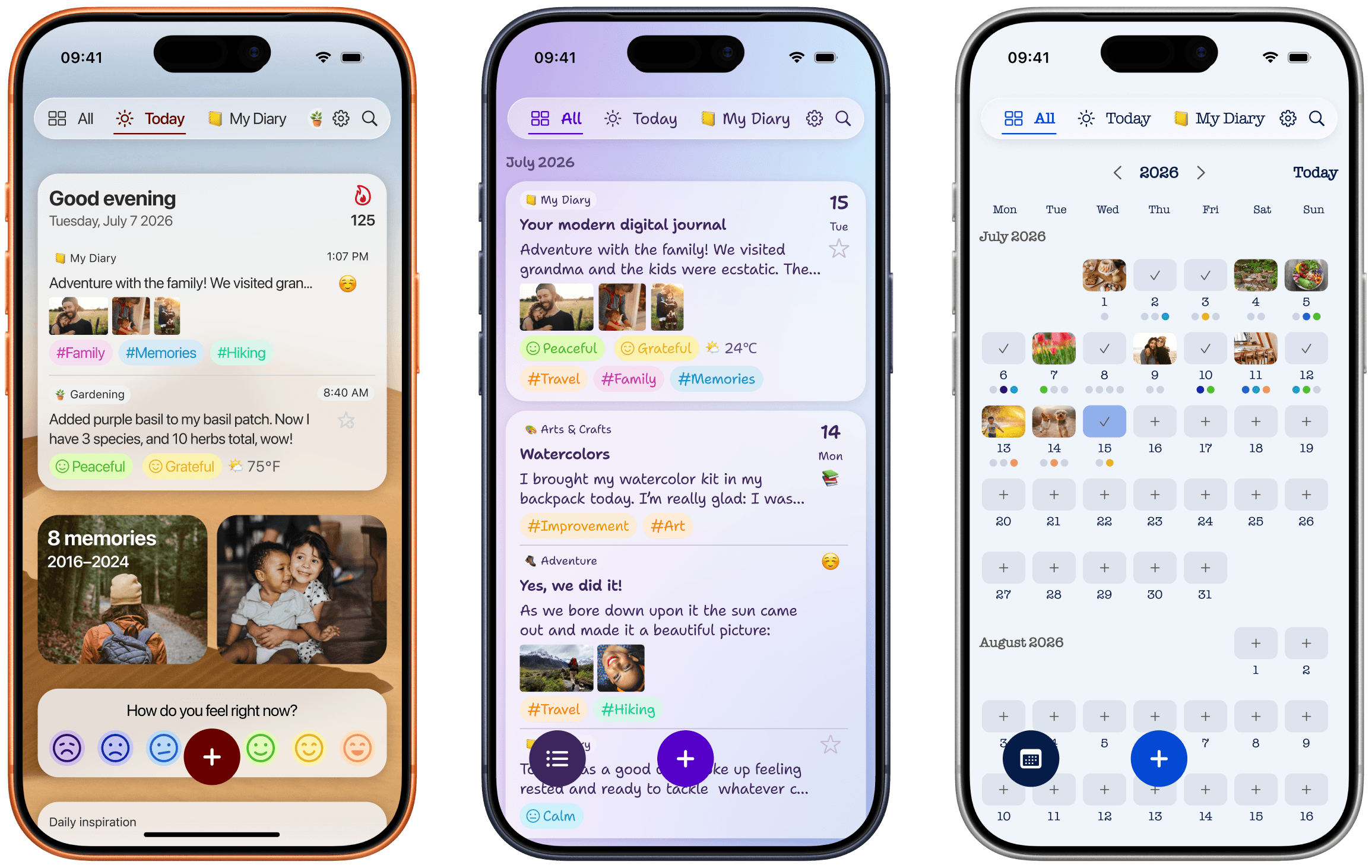 Timeline, notes and calendar views in Diarly