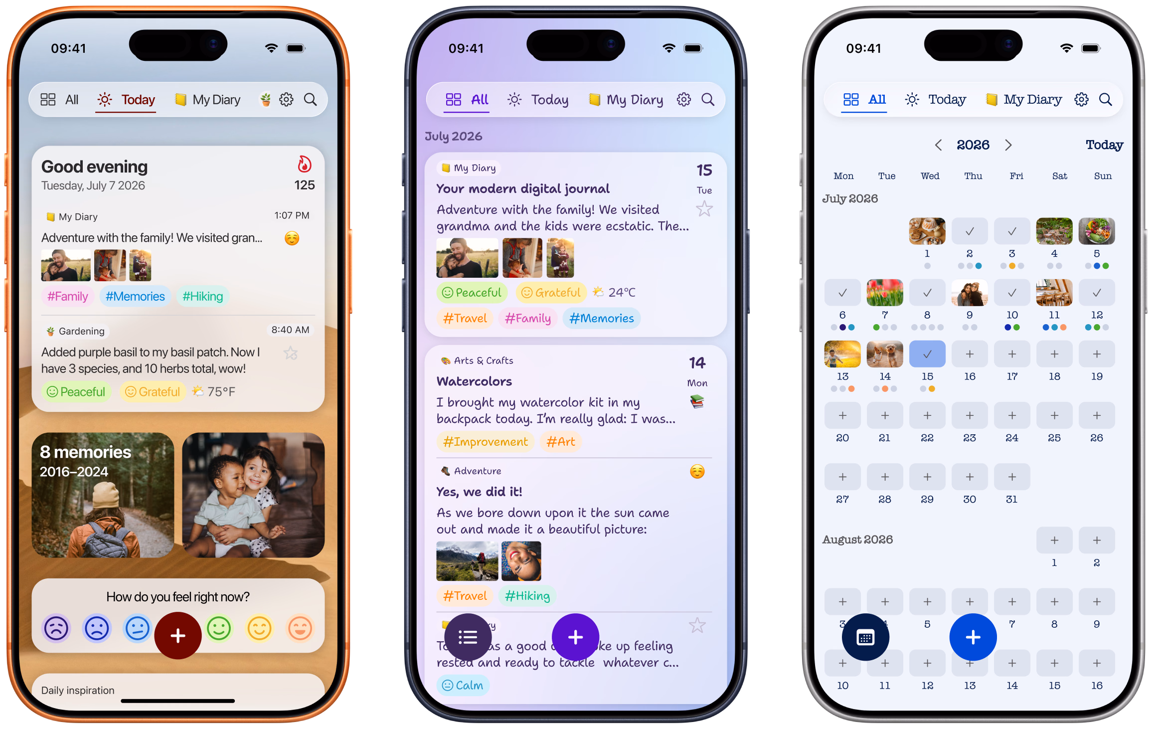 Timeline, notes and calendar views in Diarly for browsing journal entries by date
