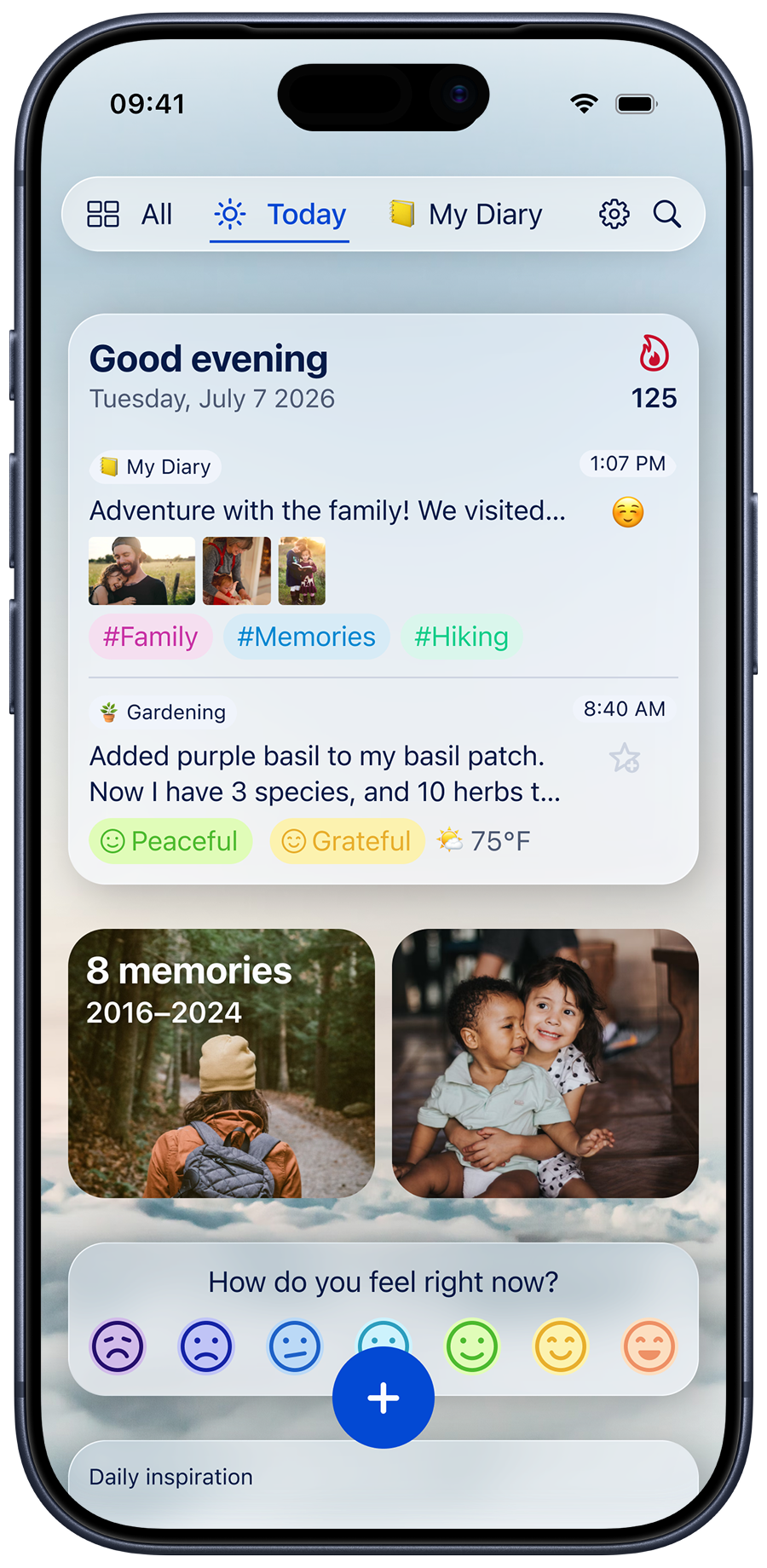 The Today view in Diarly on iPhone with entries, mood tags, the weather and memories from earlier years