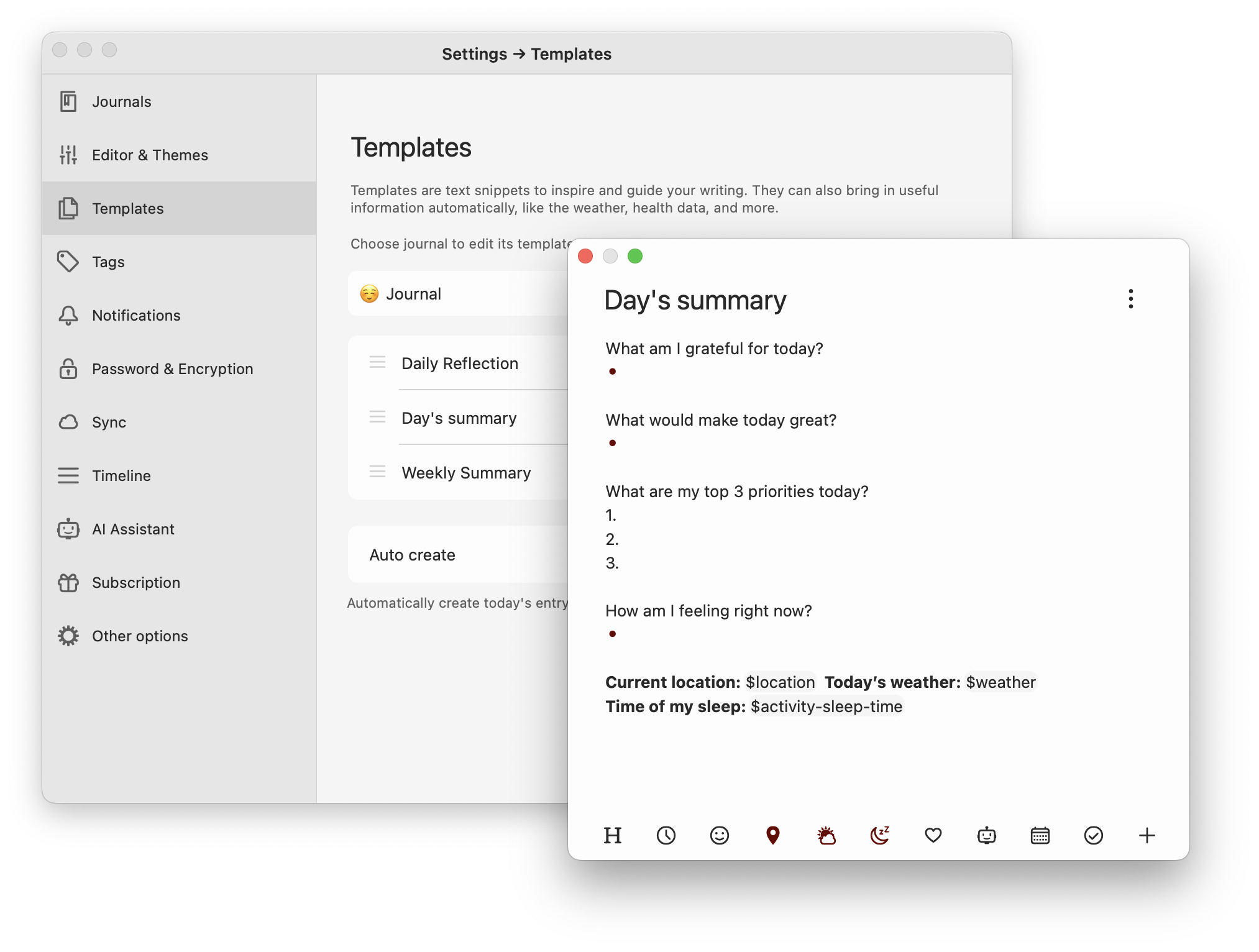 Diarly Settings Writing template