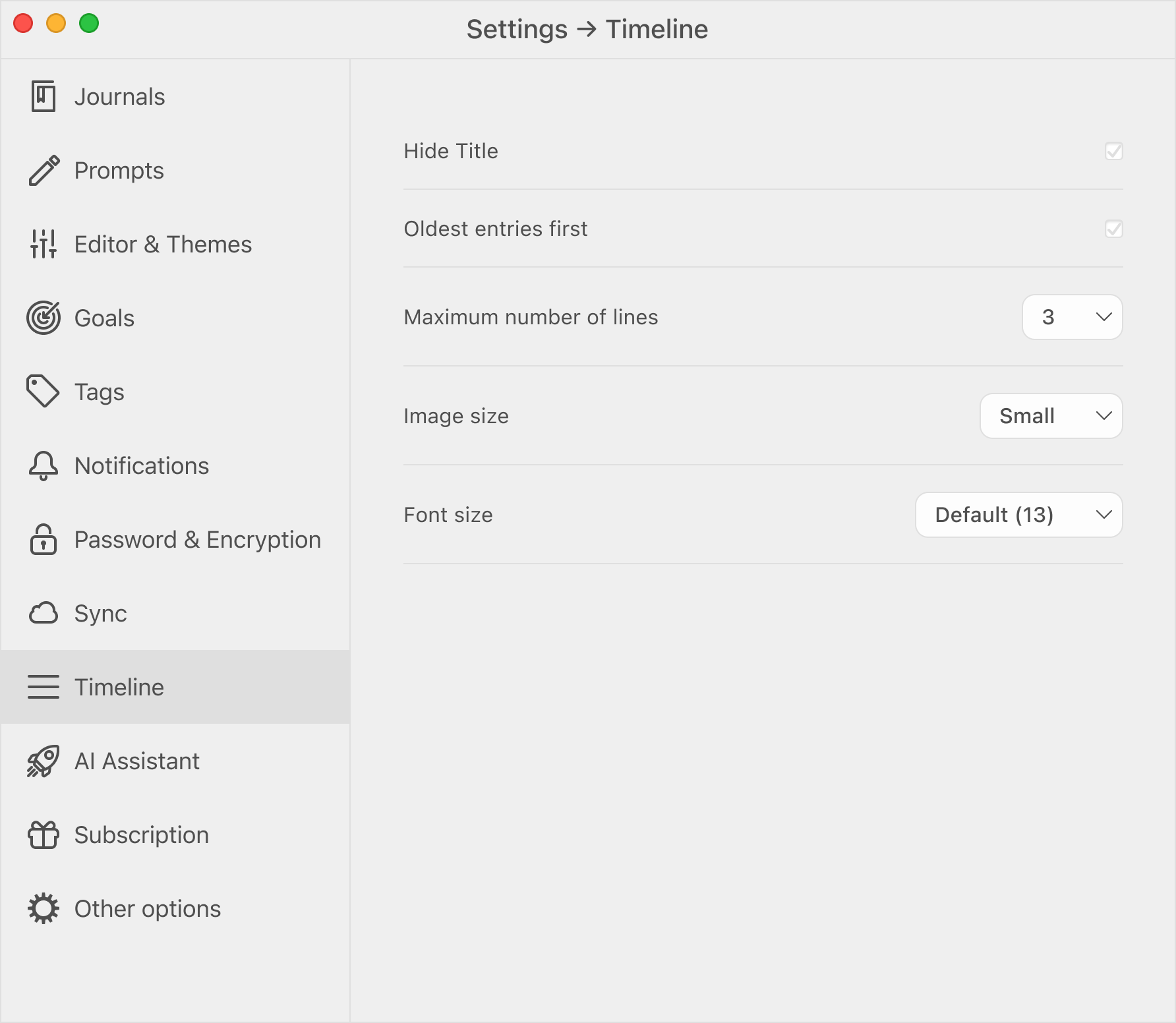 Diary Mac Timeline Settings