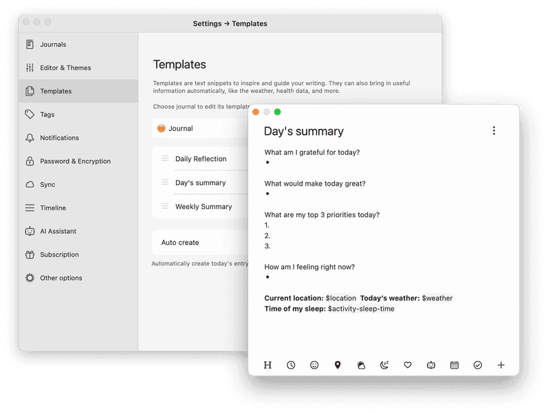 Diarly Settings Writing template