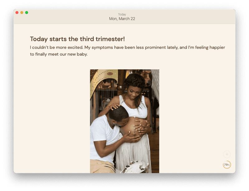 Diarly App with an entry that says "Today starts the third trimester! I couldn’t be more excited. My symptoms have been less prominent lately, and I’m feeling happier to finally meet our new baby." Below, a photo of a person kissing another pregnant person's belly.